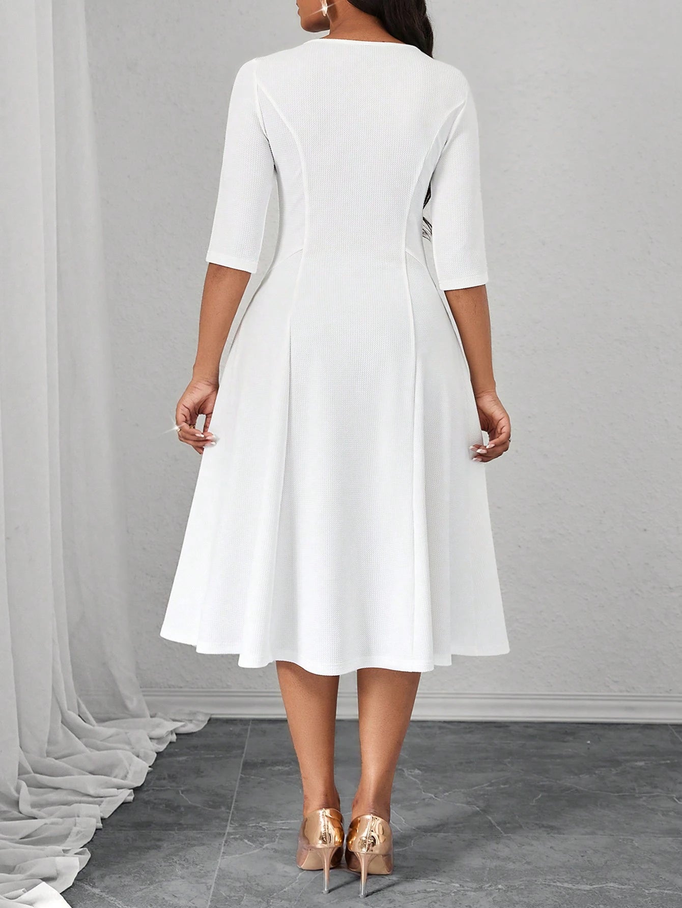Lady CURVE Women's Leopard Print Waist Cinched Mid-Length Dress Country Casual Elegant Summer Office Beige