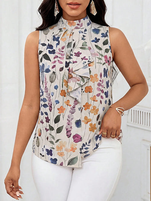Lady Women's Elegant Floral Print Ruffle Hem Sleeveless Blouse, Summer,Summer Top Teachers' Day Tea Party Office Beige