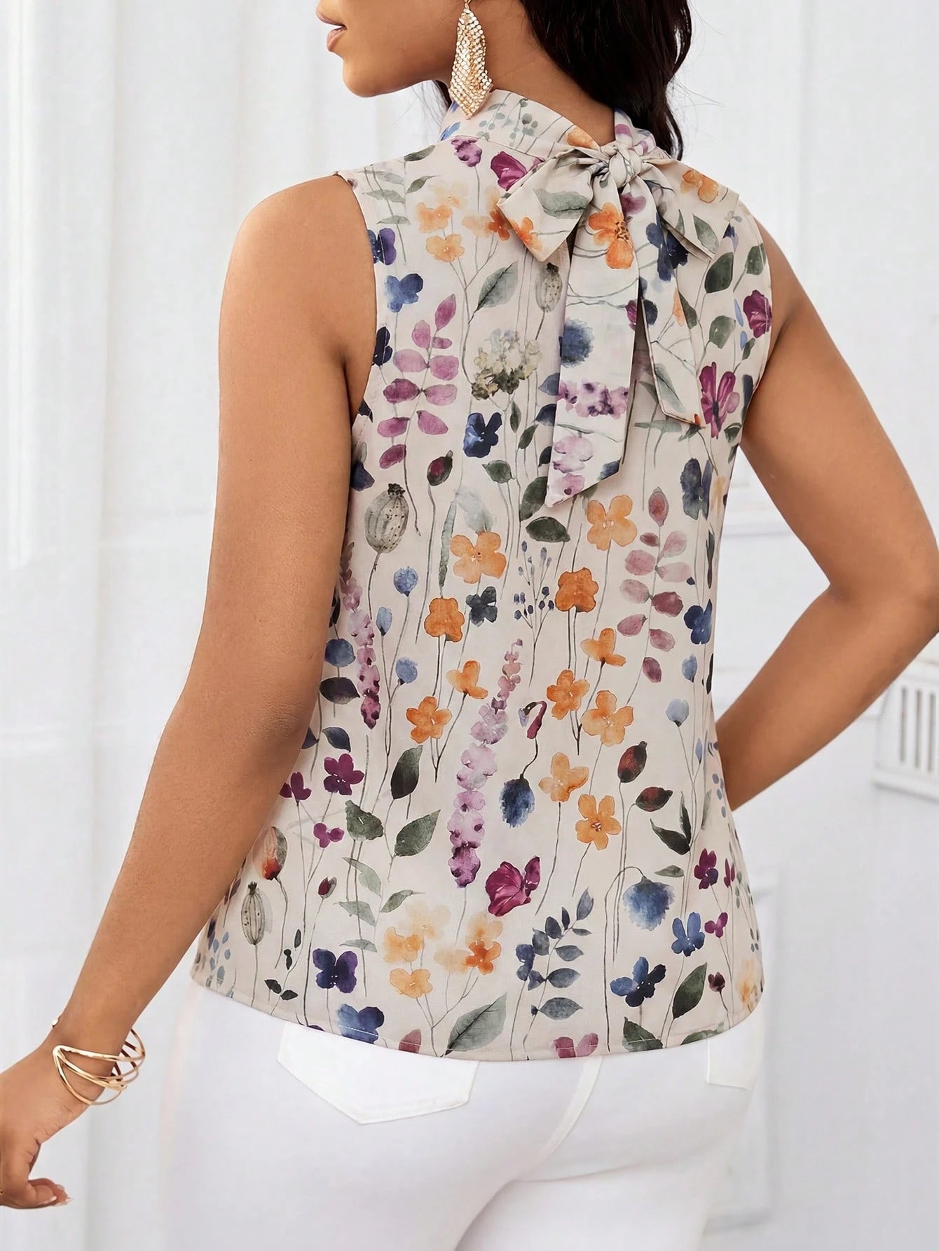 Lady Women's Elegant Floral Print Ruffle Hem Sleeveless Blouse, Summer,Summer Top Teachers' Day Tea Party Office Beige