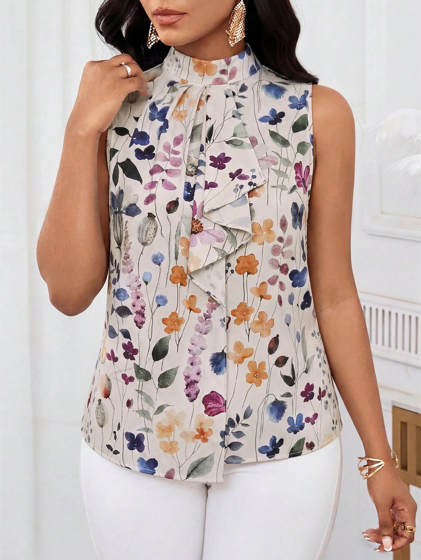 Lady Women's Elegant Floral Print Ruffle Hem Sleeveless Blouse, Summer,Summer Top Teachers' Day Tea Party Office Beige