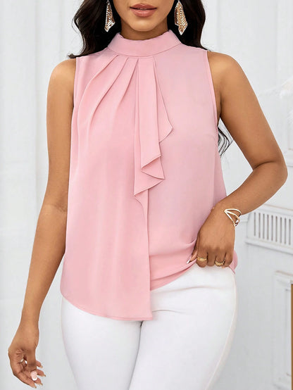 Lady Women's Elegant Floral Print Ruffle Hem Sleeveless Blouse, Summer,Summer Top Teachers' Day Tea Party Office Beige