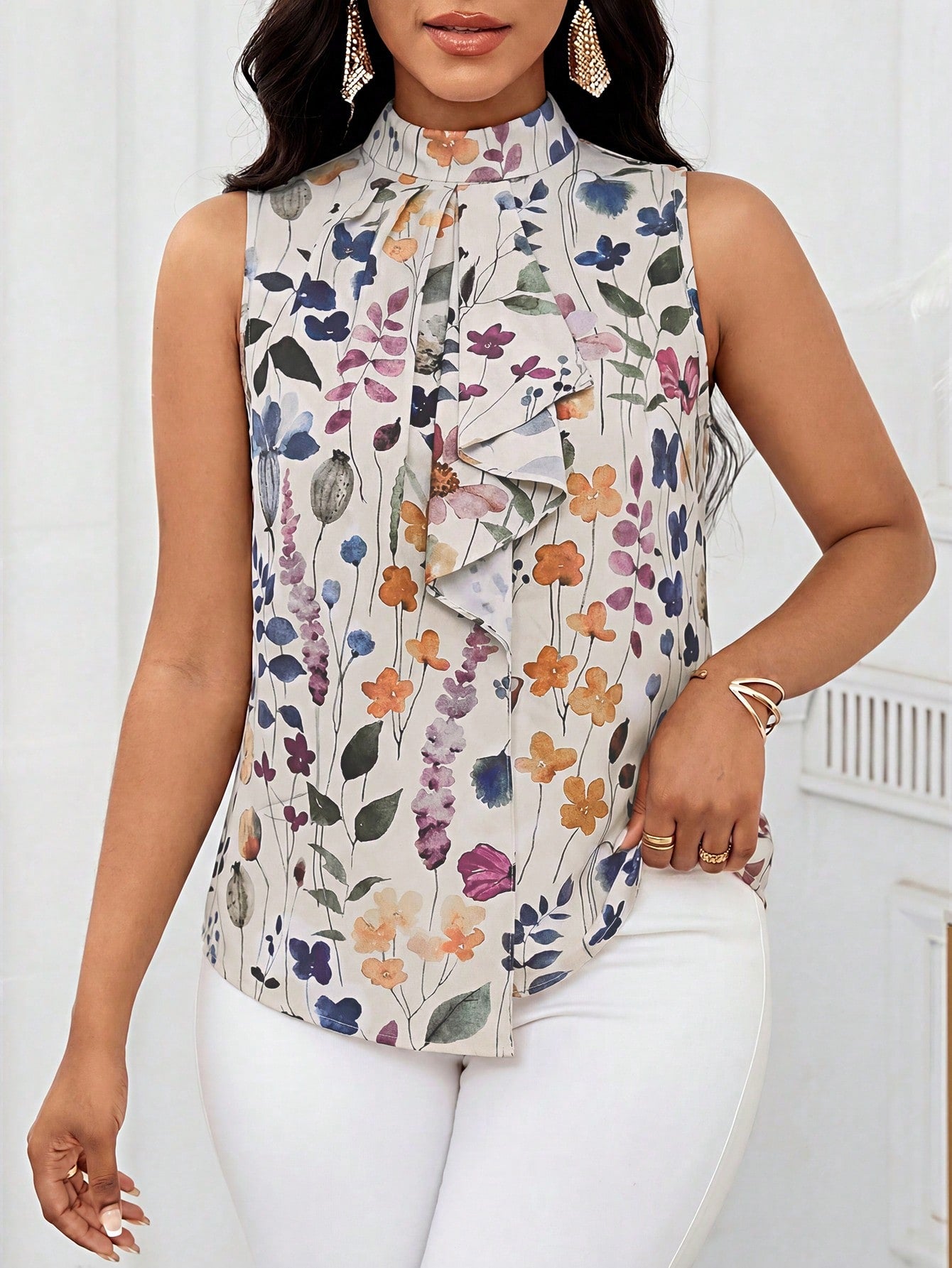 Lady Women's Elegant Floral Print Ruffle Hem Sleeveless Blouse, Summer,Summer Top Teachers' Day Tea Party Office Beige