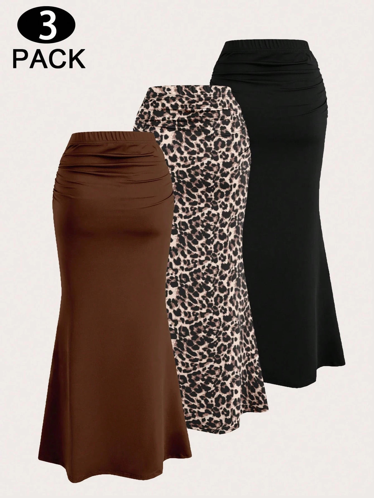 Lalippa 3pcs Elegant Party Solid Black Coffee Color Mermaid Skirt And Leopard Printd Graphic Skirt Set For Women