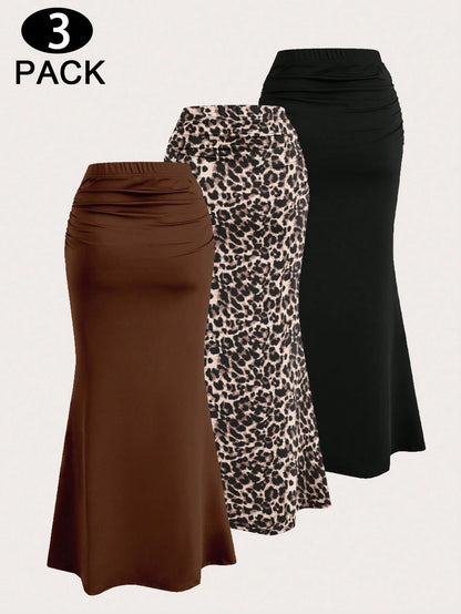 Lalippa 3pcs Elegant Party Solid Black Coffee Color Mermaid Skirt And Leopard Printd Graphic Skirt Set For Women