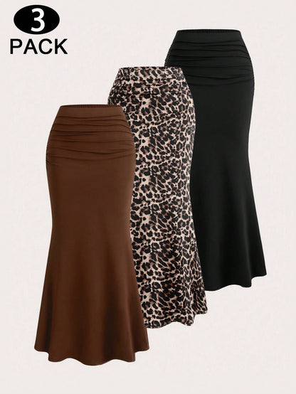 Lalippa 3pcs Elegant Party Solid Black Coffee Color Mermaid Skirt And Leopard Printd Graphic Skirt Set For Women