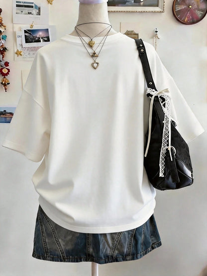 Lalippa Music Note Pattern Digital Print Fashionable Minimalist Oversized Mid-Length Round Neck Drop Shoulder Women T-Shirt, Gift For Friends