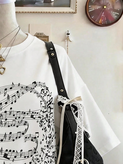 Lalippa Music Note Pattern Digital Print Fashionable Minimalist Oversized Mid-Length Round Neck Drop Shoulder Women T-Shirt, Gift For Friends