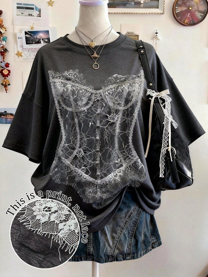 Lalippa Music Note Pattern Digital Print Fashionable Minimalist Oversized Mid-Length Round Neck Drop Shoulder Women T-Shirt, Gift For Friends