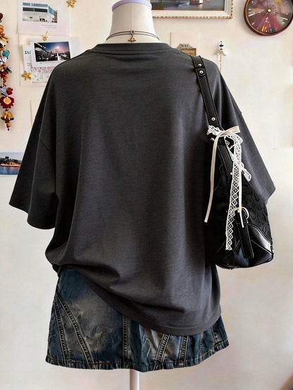 Lalippa Music Note Pattern Digital Print Fashionable Minimalist Oversized Mid-Length Round Neck Drop Shoulder Women T-Shirt, Gift For Friends