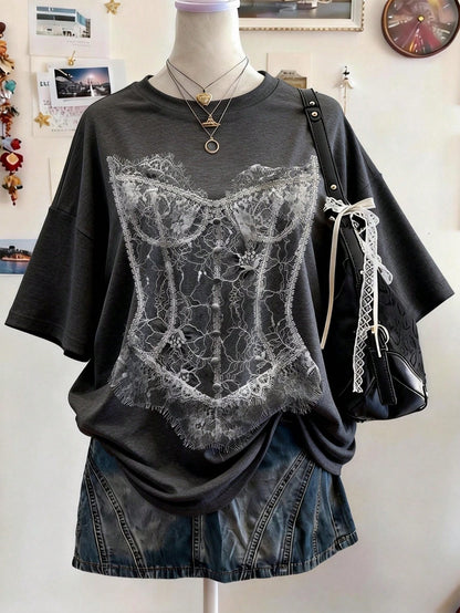 Lalippa Music Note Pattern Digital Print Fashionable Minimalist Oversized Mid-Length Round Neck Drop Shoulder Women T-Shirt, Gift For Friends