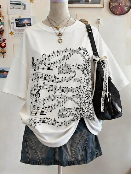 Lalippa Music Note Pattern Digital Print Fashionable Minimalist Oversized Mid-Length Round Neck Drop Shoulder Women T-Shirt, Gift For Friends