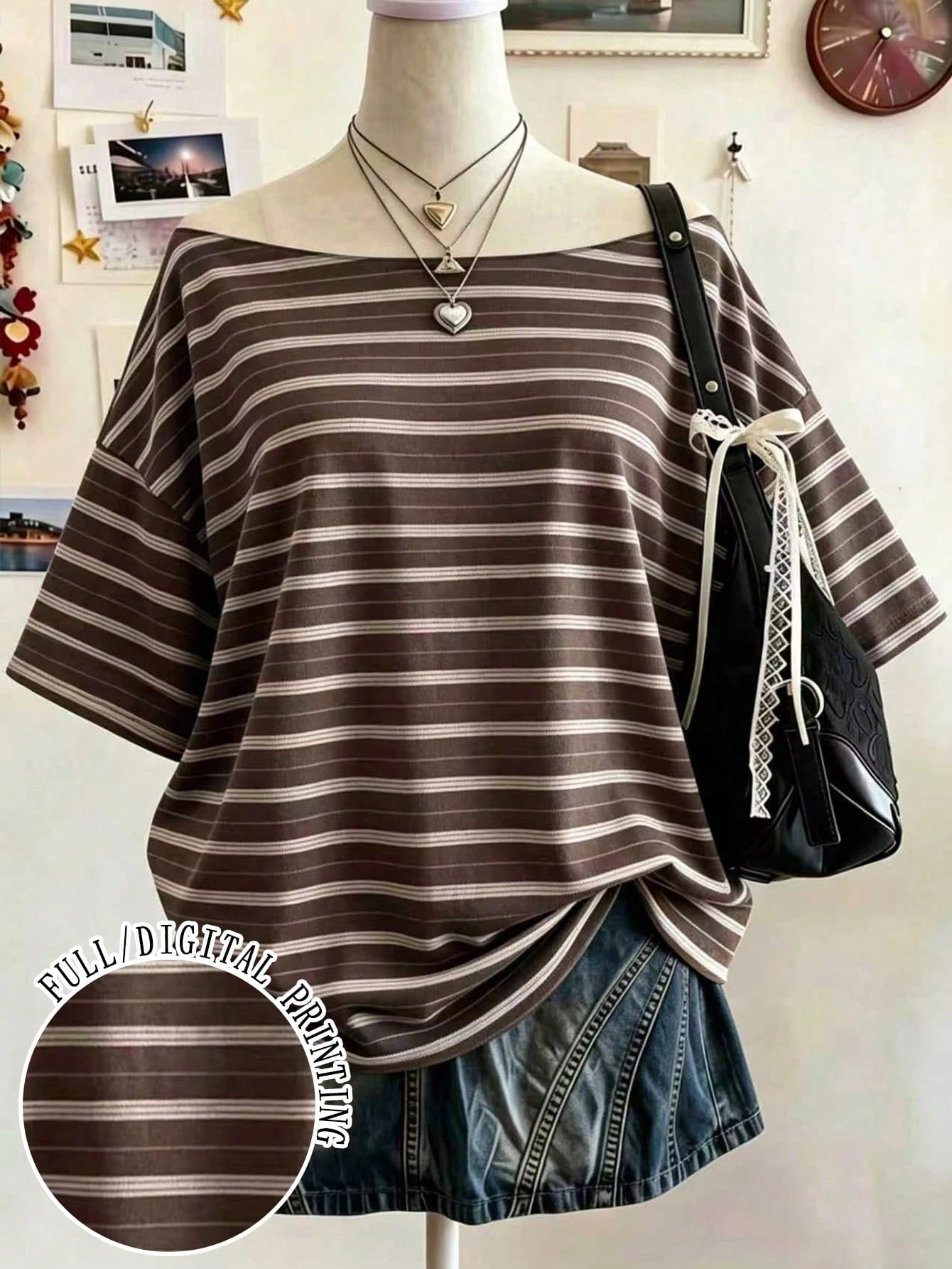 Lalippa Plus Size Summer Casual Striped Drop Shoulder Loose T-Shirt