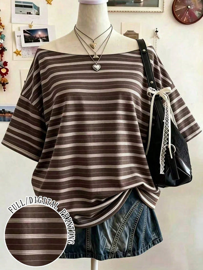 Lalippa Plus Size Summer Casual Striped Drop Shoulder Loose T-Shirt