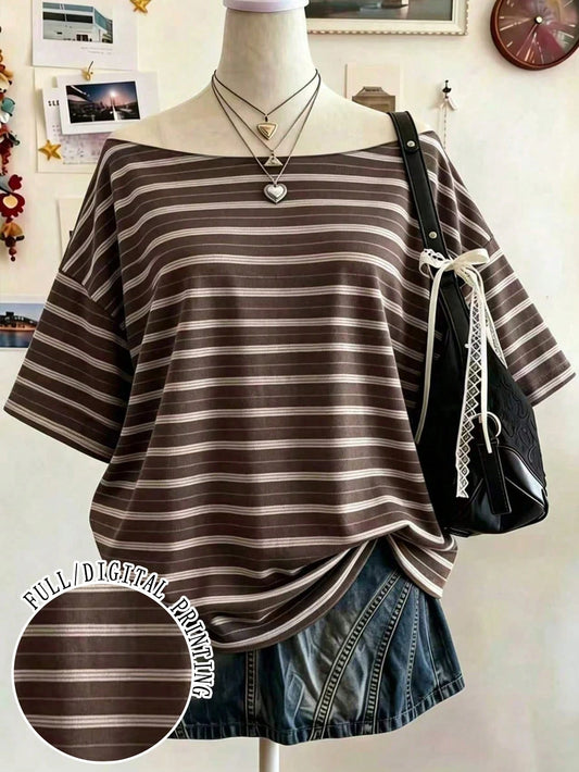 Lalippa Plus Size Summer Casual Striped Drop Shoulder Loose T-Shirt