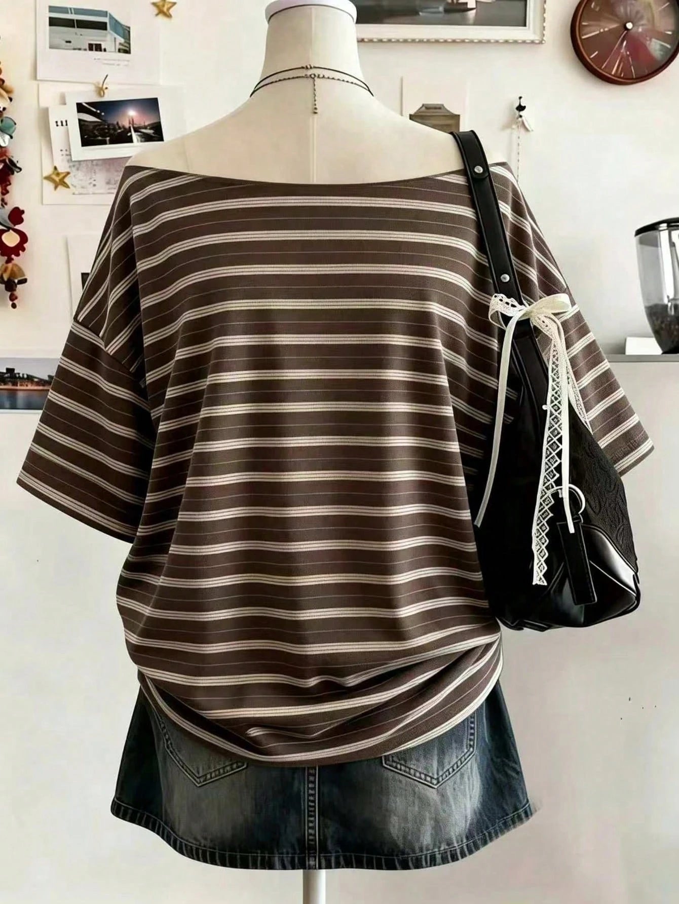 Lalippa Plus Size Summer Casual Striped Drop Shoulder Loose T-Shirt
