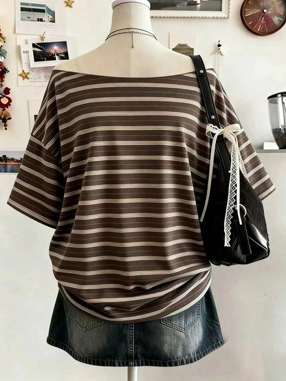 Lalippa Plus Size Summer Casual Striped Drop Shoulder Loose T-Shirt