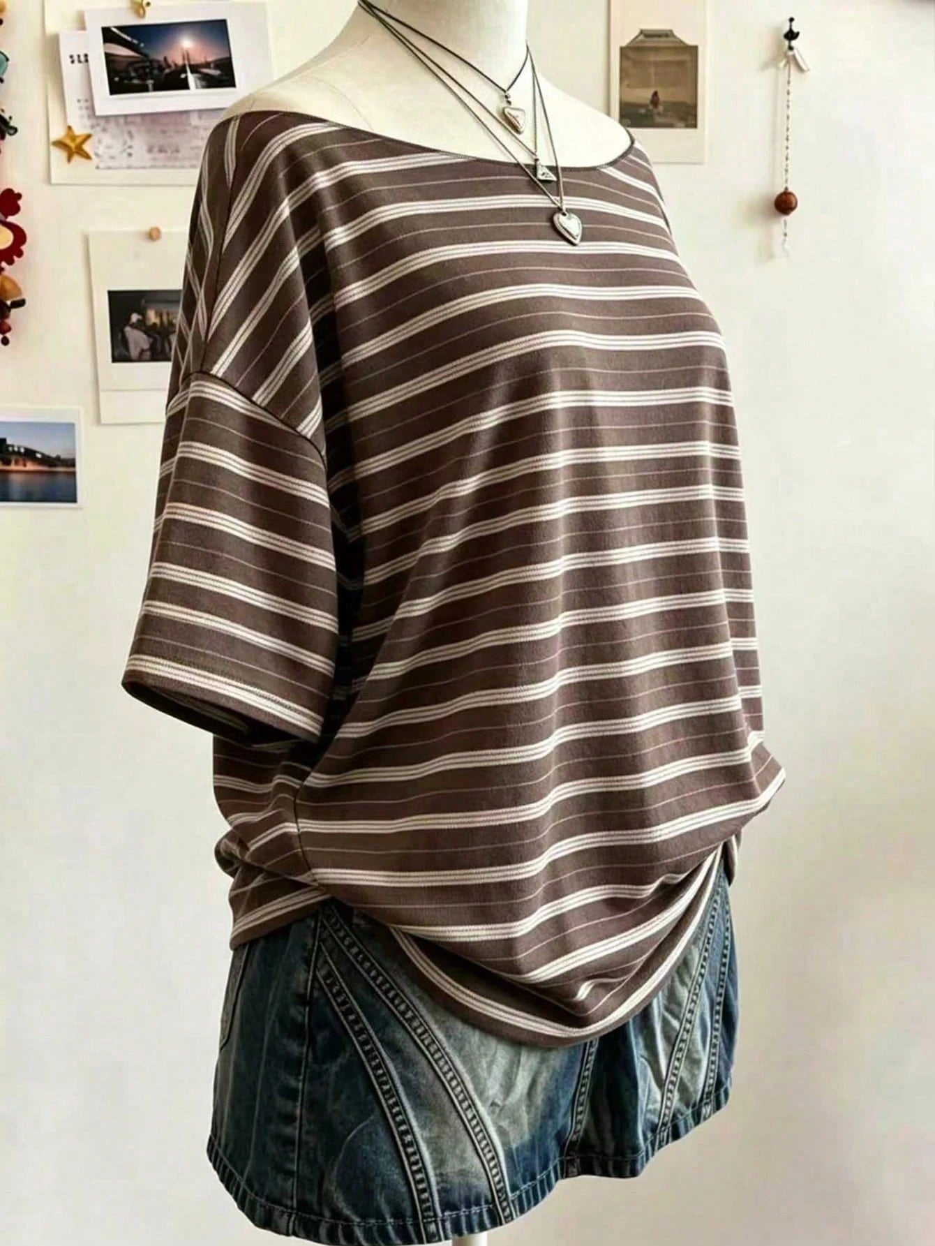 Lalippa Plus Size Summer Casual Striped Drop Shoulder Loose T-Shirt