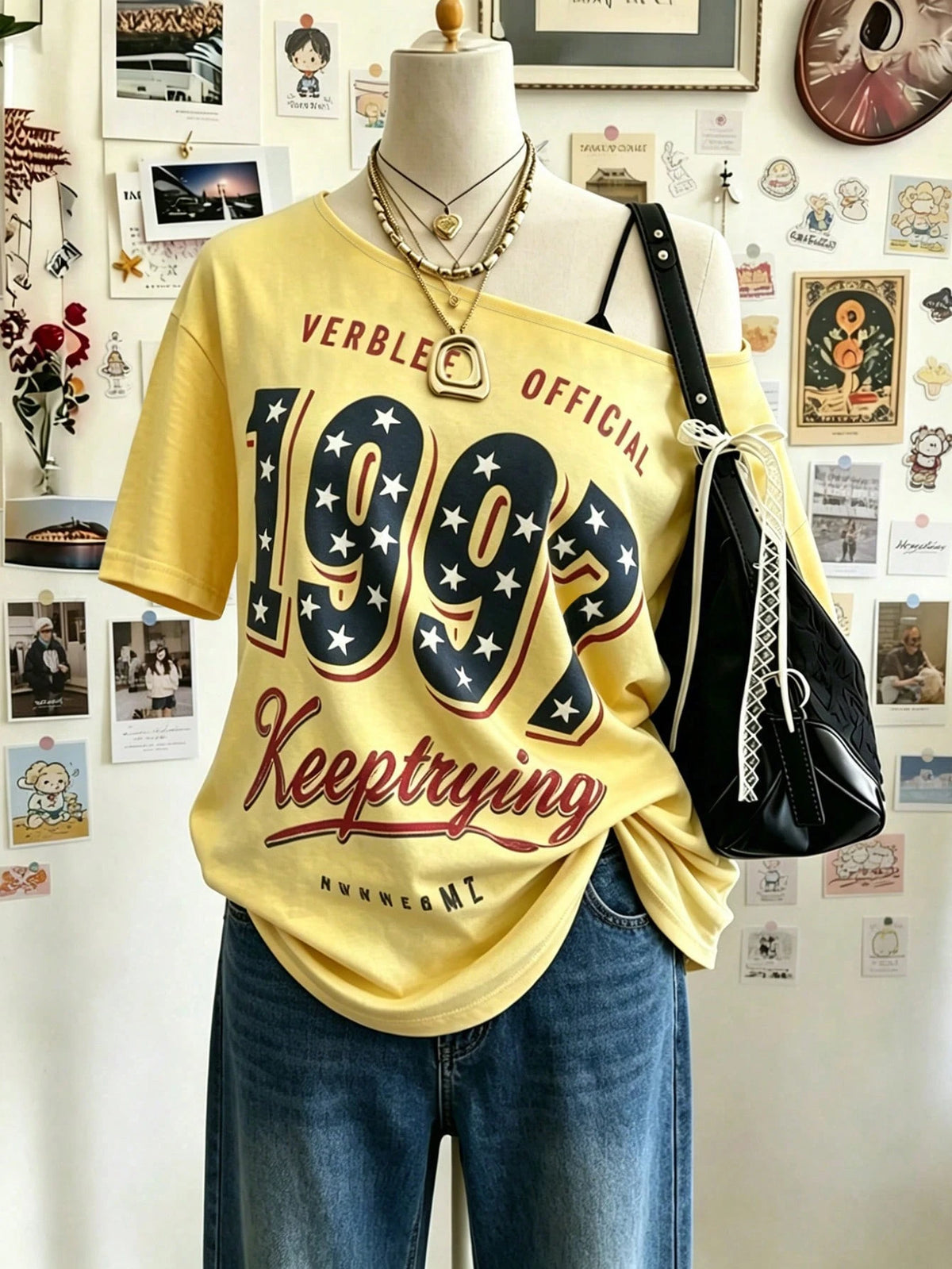 Lalippa Retro 1997 Digital Print Off-Shoulder T-Shirt For Women,Yellow,Summer,Casual,Streetwear,City Break Loose-Fit Short-Sleeve Top,Mother's Day Gift