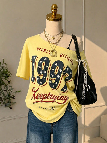 Lalippa Retro 1997 Digital Print Off-Shoulder T-Shirt For Women,Yellow,Summer,Casual,Streetwear,City Break Loose-Fit Short-Sleeve Top,Mother's Day Gift