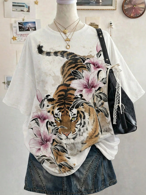 Lalippa Tiger Digital Print Oversized Loose Fit Mid-Length Round Neck Drop Shoulder Women T-Shirt, Gift For Friends