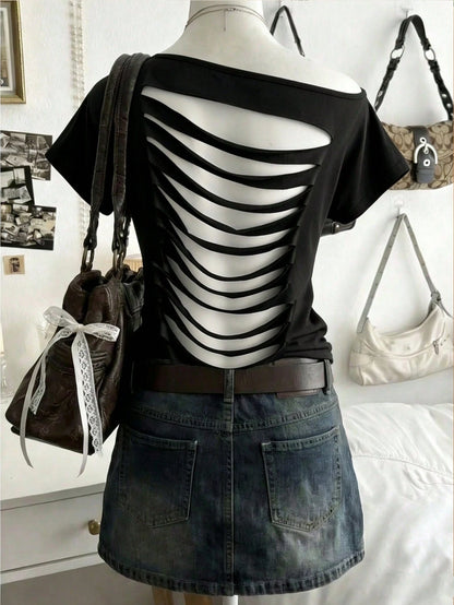 Lalippa Women's Off-Shoulder Short Sleeve Butterfly Shaped Hollow Out Fashion Summer T-Shirt
