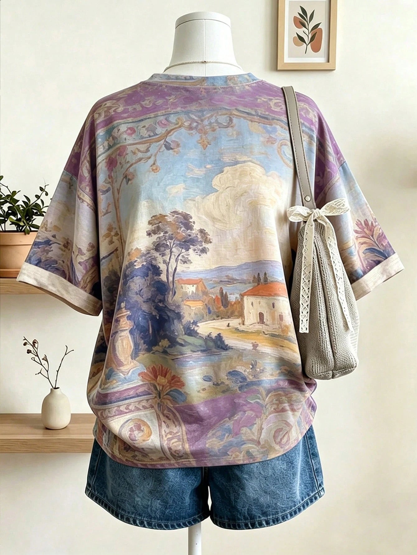 Lalippa Women's Oil Painting Style Pattern Digital Print Loose Drop Shoulder Short Sleeve T-Shirt