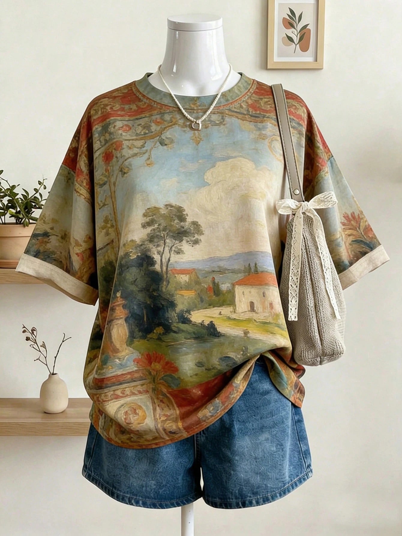 Lalippa Women's Oil Painting Style Pattern Digital Print Loose Drop Shoulder Short Sleeve T-Shirt