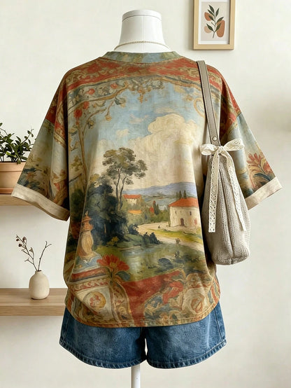 Lalippa Women's Oil Painting Style Pattern Digital Print Loose Drop Shoulder Short Sleeve T-Shirt