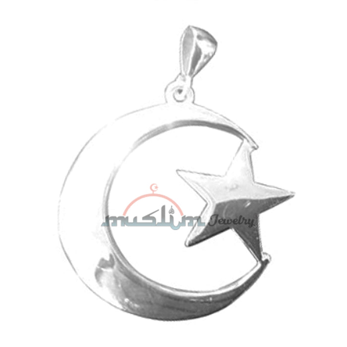Large 925 St. Silver Islamic Symbol Crescent Moon & Star Pendant For Necklaces