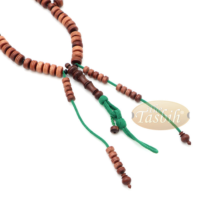 Large 9x14 mm Tamarind Wood Tijani Misbaha - Handcrafted 100 Beads with Durable Green Cord Tasbih