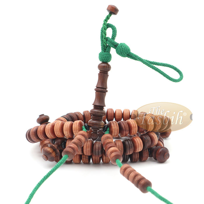 Large 9x14 mm Tamarind Wood Tijani Misbaha - Handcrafted 100 Beads with Durable Green Cord Tasbih