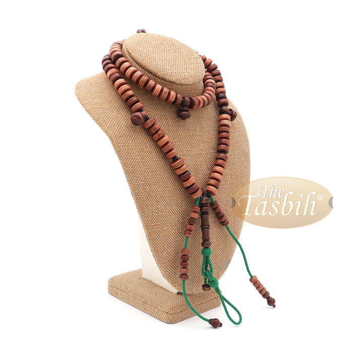 Large 9x14 mm Tamarind Wood Tijani Misbaha - Handcrafted 100 Beads with Durable Green Cord Tasbih