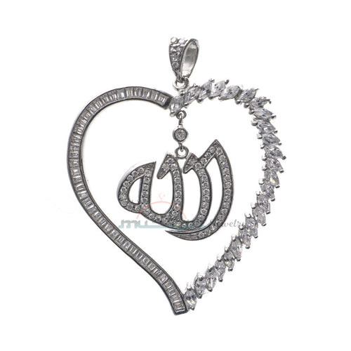 Large Allah Pendant Rhodium-Plated CZ Silver Heart Shape Design