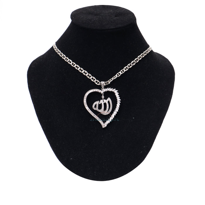 Large Allah Pendant Rhodium-Plated CZ Silver Heart Shape Design