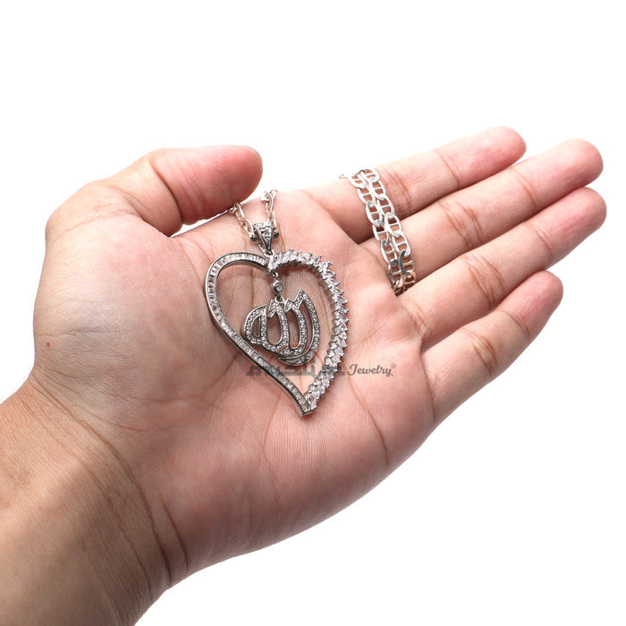 Large Allah Pendant Rhodium-Plated CZ Silver Heart Shape Design