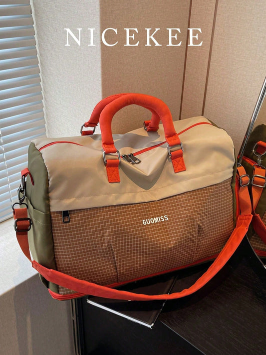 Large Capacity Colorblock Multi-Pocket Expandable Storage Duffel Bag, Minimalist Casual Vintage Plaid Patchwork Crossbody Bag, Unique Design Lightweight Foldable Travel Bag With Separate Shoe Compartm