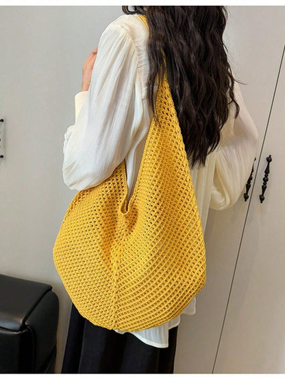 Large Capacity Crochet Shoulder Tote Bag, Lightweight Multifunctional Knitted Handbag, Suitable For Travel, Beach, Vacation And Daily Use