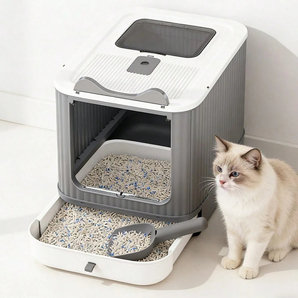Large Cat Litter Box Enclosed, 4-In-1 Top Entry & Front Pull Drawer With Odor Control Carbon Bags & Scoop, Extra Large Splash-Proof Kitty Toilet Box For Multiple Cats (Fits Up To 44 Lbs), Easy Clean M