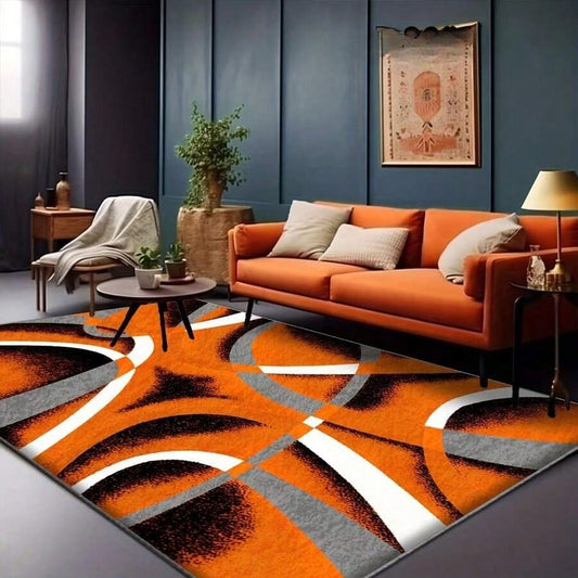 Large Rectangular Imitation Cashmere Carpet- Orange Grey Modern Geometric Curve Pattern Soft Plush Floor Mat, Easy-Clean Polyester With Rubber Backing, Luxury Carpet For Bedroom, Living Room, Study