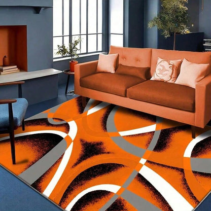 Large Rectangular Imitation Cashmere Carpet- Orange Grey Modern Geometric Curve Pattern Soft Plush Floor Mat, Easy-Clean Polyester With Rubber Backing, Luxury Carpet For Bedroom, Living Room, Study