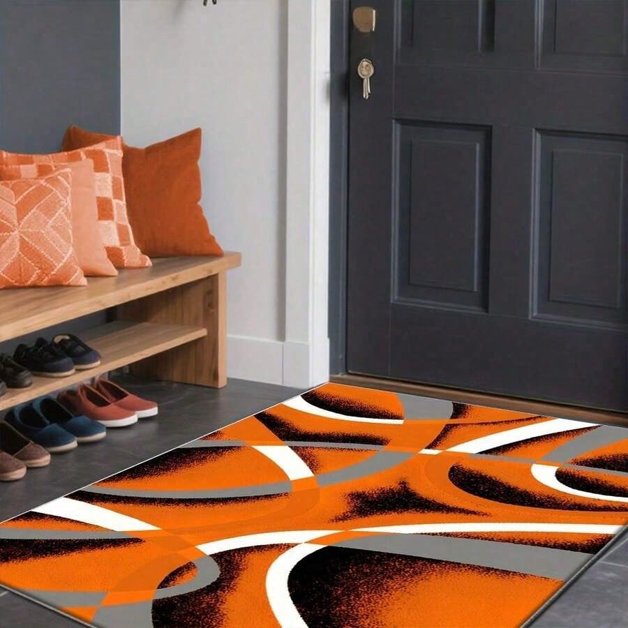 Large Rectangular Imitation Cashmere Carpet- Orange Grey Modern Geometric Curve Pattern Soft Plush Floor Mat, Easy-Clean Polyester With Rubber Backing, Luxury Carpet For Bedroom, Living Room, Study