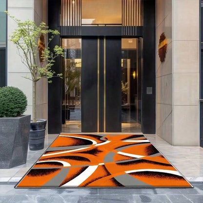 Large Rectangular Imitation Cashmere Carpet- Orange Grey Modern Geometric Curve Pattern Soft Plush Floor Mat, Easy-Clean Polyester With Rubber Backing, Luxury Carpet For Bedroom, Living Room, Study