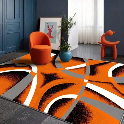 Large Rectangular Imitation Cashmere Carpet- Orange Grey Modern Geometric Curve Pattern Soft Plush Floor Mat, Easy-Clean Polyester With Rubber Backing, Luxury Carpet For Bedroom, Living Room, Study