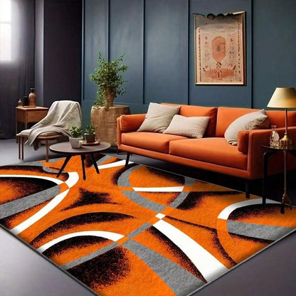 Large Rectangular Imitation Cashmere Carpet- Orange Grey Modern Geometric Curve Pattern Soft Plush Floor Mat, Easy-Clean Polyester With Rubber Backing, Luxury Carpet For Bedroom, Living Room, Study