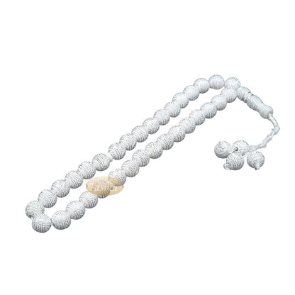 Large Sibha 13 mm White & Metallic Silver Meandros Design Plastic Resin 33-Bead Muslim Tasbih Prayer Beads