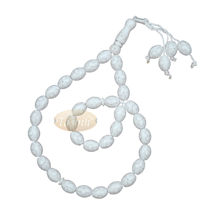 Large White Tasbih 11x14 mm Plastic Resin Electroplated Silver-Tone Flower Design 33-Ct Prayer Dhikr Beads