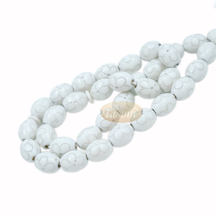 Large White Tasbih 11x14 mm Plastic Resin Electroplated Silver-Tone Flower Design 33-Ct Prayer Dhikr Beads