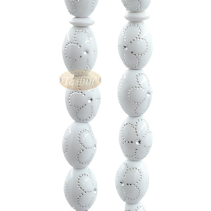 Large White Tasbih 11x14 mm Plastic Resin Electroplated Silver-Tone Flower Design 33-Ct Prayer Dhikr Beads