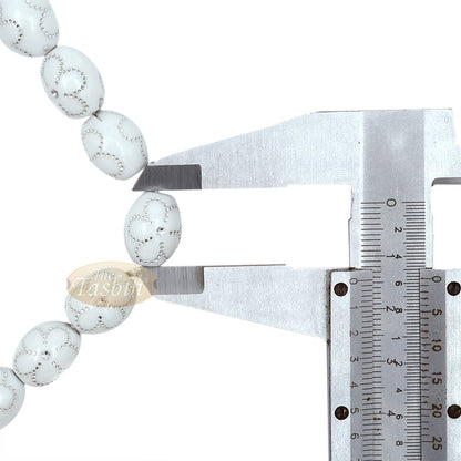 Large White Tasbih 11x14 mm Plastic Resin Electroplated Silver-Tone Flower Design 33-Ct Prayer Dhikr Beads