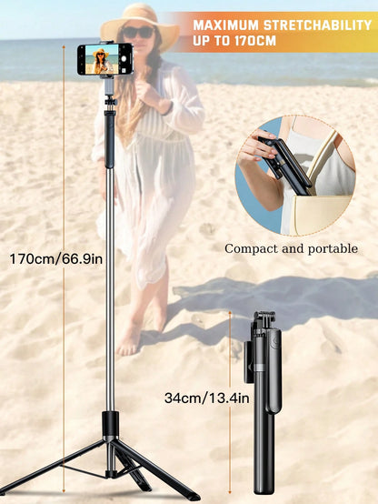 Latest 170cm/66.9in Bluetooth Remote Control Selfie Stick & Phone Holder, Suitable For Video Shooting, Life Recording, Extendable, 360° Rotation, Anti-Shake, Foldable Portable Tripod Monopod For Summe
